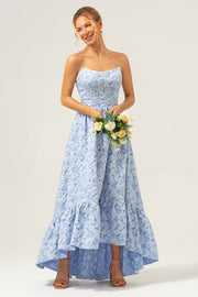 A-lijn blauwe strapless bloemen, hoog, laag bruidsmeisjesjurk