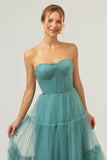 A-lijn strapless korset tule eucalyptus bruidsmeisjesjurk