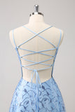 Sprankelende blauwe spaghettibandjes pailletten Lace Up Back bruidsmeisje jurk met split