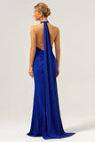 Glitter Blauwe Zeemeermin Halter Backless Lange Bruidsmeisje Jurk