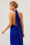 Glitter Blauwe Zeemeermin Halter Backless Lange Bruidsmeisje Jurk