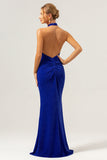 Glitter Blauwe Zeemeermin Halter Backless Lange Bruidsmeisje Jurk