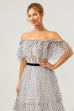 Wit Zwart A-Line Off The Shoulder Lange Galajurk met Stip