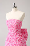 Fuchsia A Line Bloemen Strapless Korte Homecoming Jurk Met Strik