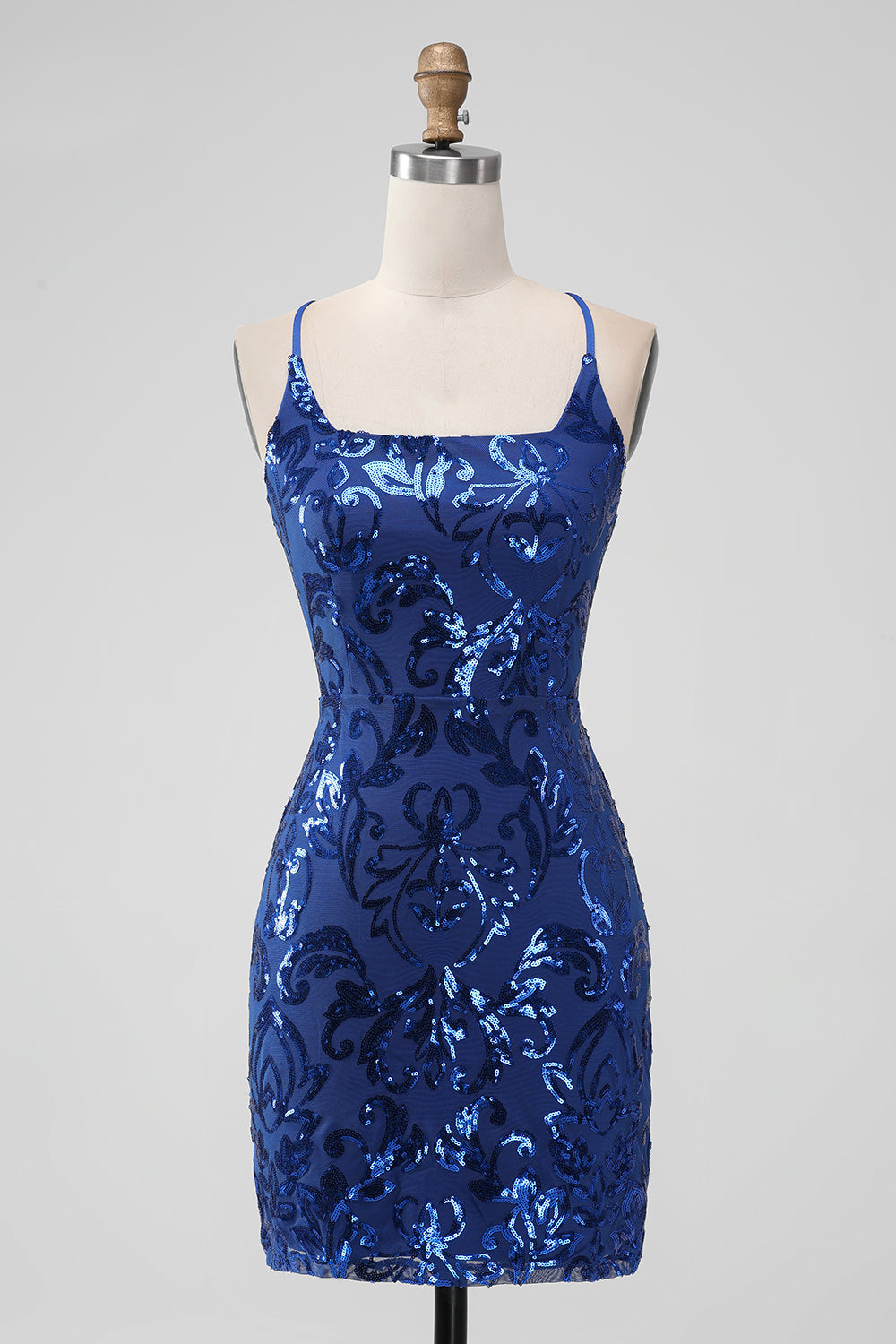 Koningsblauwe bodycon pailletten korte homecoming jurk met veters op de rug