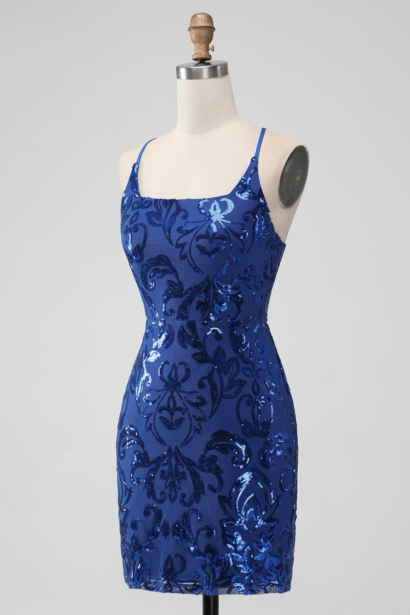 Afbeelding in Gallery-weergave laden, Koningsblauwe bodycon pailletten korte homecoming jurk met veters op de rug