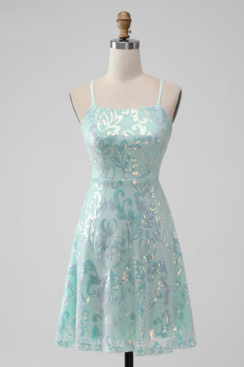 Mint A-lijn pailletten korte Homecoming-jurk met vetersluiting op de rug