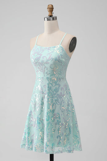 Mint A-lijn pailletten korte Homecoming-jurk met vetersluiting op de rug