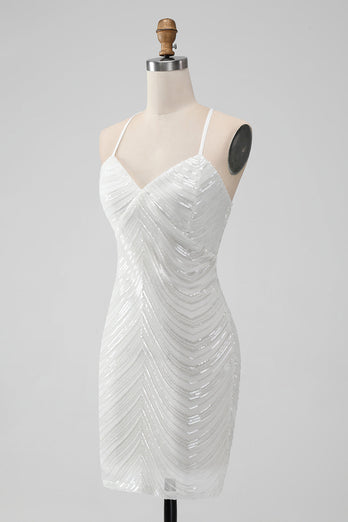 Witte pailletten Bodycon korte Homecoming jurk met kriskras rug