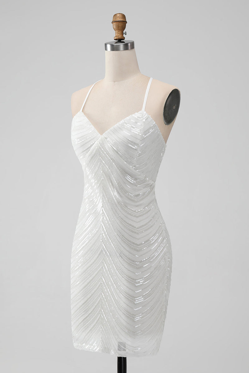 Afbeelding in Gallery-weergave laden, Witte pailletten Bodycon korte Homecoming jurk met kriskras rug