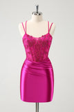 Fuchsia Bodycon Spaghetti Bandjes Kralen Satijnen Korte Homecoming Jurk