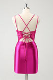 Fuchsia Bodycon Spaghetti Bandjes Kralen Satijnen Korte Homecoming Jurk