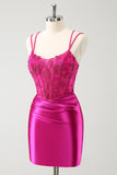 Fuchsia Bodycon Spaghetti Bandjes Kralen Satijnen Korte Homecoming Jurk