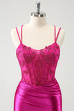 Fuchsia Bodycon Spaghetti Bandjes Kralen Satijnen Korte Homecoming Jurk