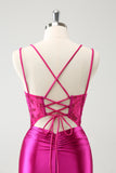 Fuchsia Bodycon Spaghetti Bandjes Kralen Satijnen Korte Homecoming Jurk