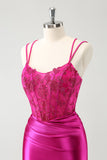 Fuchsia Bodycon Spaghetti Bandjes Kralen Satijnen Korte Homecoming Jurk