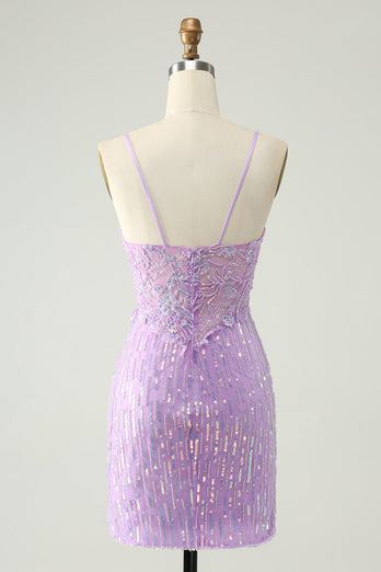 Sprankelende lila pailletten Bodycon Mini Homecoming jurk met split