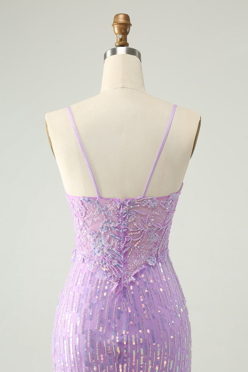 Afbeelding in Gallery-weergave laden, Sprankelende lila pailletten Bodycon Mini Homecoming jurk met split