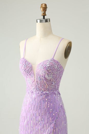 Sprankelende lila pailletten Bodycon Mini Homecoming jurk met split