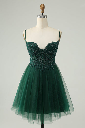 Glitter donkergroene A-lijn kralen appliques Tule Homecoming jurk