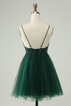 Glitter donkergroene A-lijn kralen appliques Tule Homecoming jurk