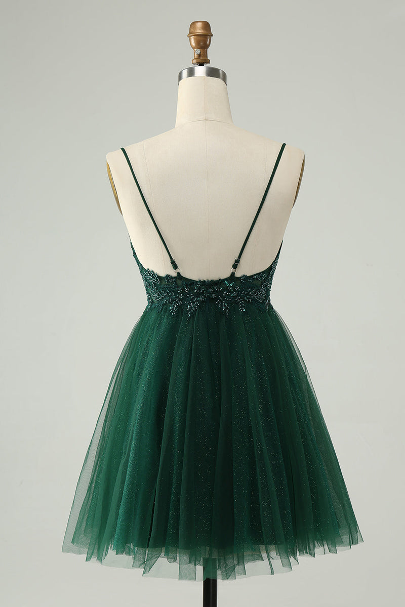 Afbeelding in Gallery-weergave laden, Glitter donkergroene A-lijn kralen appliques Tule Homecoming jurk