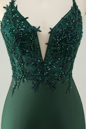 Glitter donkergroene strakke V-hals kralen Homecoming jurk
