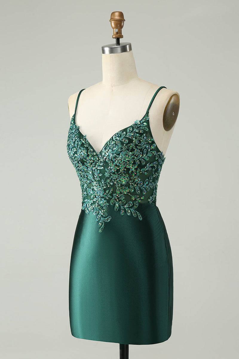 Afbeelding in Gallery-weergave laden, Glitter donkergroene strakke V-hals korte Homecoming jurk met pailletten