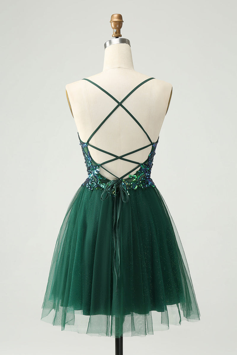 Afbeelding in Gallery-weergave laden, Glitter donkergroene A-lijn pailletten appliques V-hals Homecoming jurk