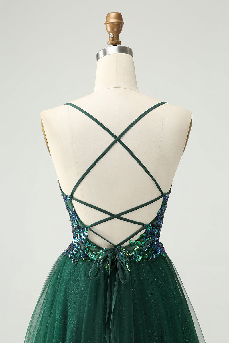 Afbeelding in Gallery-weergave laden, Glitter donkergroene A-lijn pailletten appliques V-hals Homecoming jurk