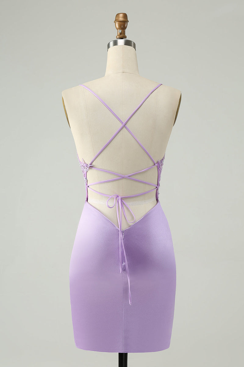 Afbeelding in Gallery-weergave laden, Glitter paarse V-hals strakke pailletten appliques Homecoming jurk