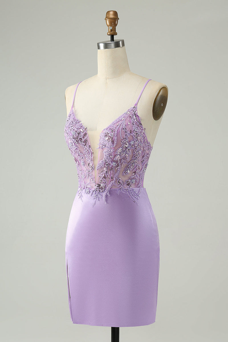 Afbeelding in Gallery-weergave laden, Glitter paarse V-hals strakke pailletten appliques Homecoming jurk