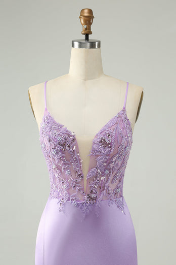 Glitter paarse V-hals strakke pailletten appliques Homecoming jurk