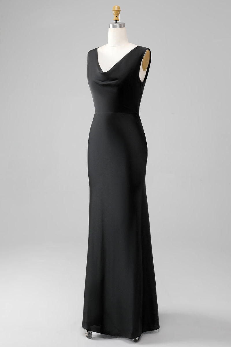 Afbeelding in Gallery-weergave laden, Zwarte zeemeermin col hals satijnen lange bruidsmeisje jurk