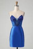 Sparkly Royal Blue Bodycon Strapless Korte Homecoming Jurk met Kralen