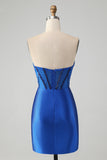 Sparkly Royal Blue Bodycon Strapless Korte Homecoming Jurk met Kralen