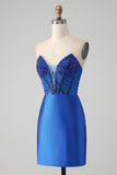 Sparkly Royal Blue Bodycon Strapless Korte Homecoming Jurk met Kralen