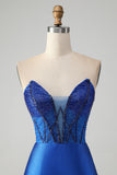 Sparkly Royal Blue Tight Strapless Korte Homecoming Jurk met Kralen