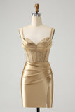 Gouden Spaghetti Bandjes Bodycon Corset Satijnen Homecoming Jurk met Split