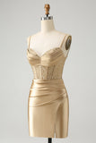 Gouden Spaghetti Bandjes Bodycon Corset Satijnen Homecoming Jurk met Split