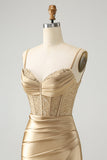 Gouden Spaghetti Bandjes Bodycon Corset Satijnen Homecoming Jurk met Split