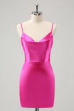 Eenvoudige Fuchsia Cowl Neck Backless Strakke Korte Homecoming Jurk