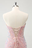 Sparkly Strapless Lichtroze Strakke Korte Homecoming Jurk met Pailletten