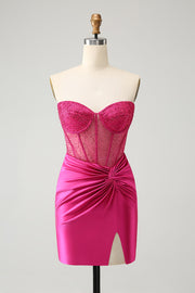 Sprankelende fuchsia strakke kralen korset strapless Homecoming jurk