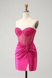 Sprankelende fuchsia strakke kralen korset strapless Homecoming jurk