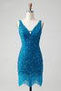 Afbeelding in Gallery-weergave laden, Sprankelende donkerblauwe bodycon V-hals pailletten korte Homecoming jurk met kwast