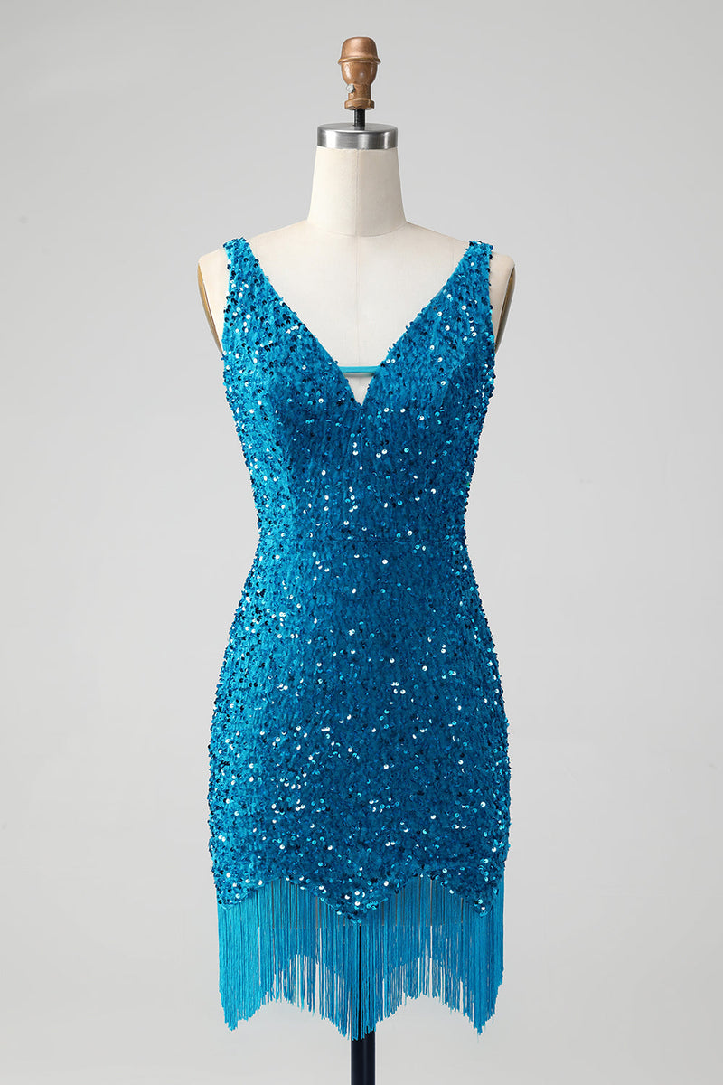 Afbeelding in Gallery-weergave laden, Sparkly Sage Bodycon V-hals pailletten korte Homecoming jurk met kwastje