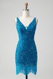 Sparkly Sage Bodycon V-hals pailletten korte Homecoming jurk met kwastje