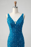 Sparkly Sage Bodycon V-hals pailletten korte Homecoming jurk met kwastje