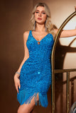 Sprankelende donkerblauwe bodycon V-hals pailletten korte Homecoming jurk met kwast